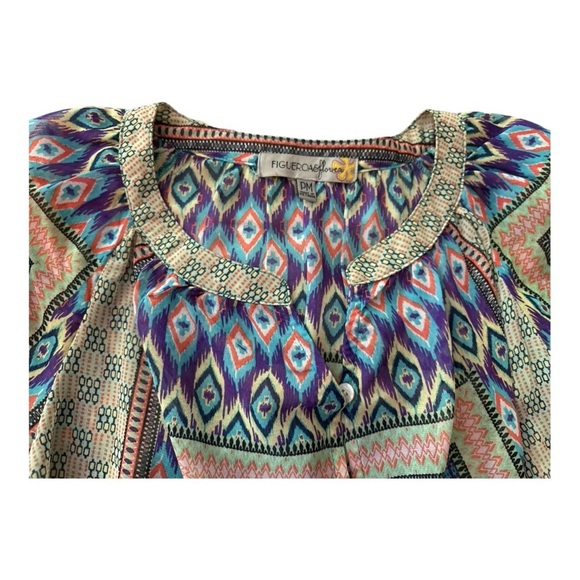 Figueroa +Flowers boho top , multicolored geometrics, full sleeves, buttons - Picture 5 of 6